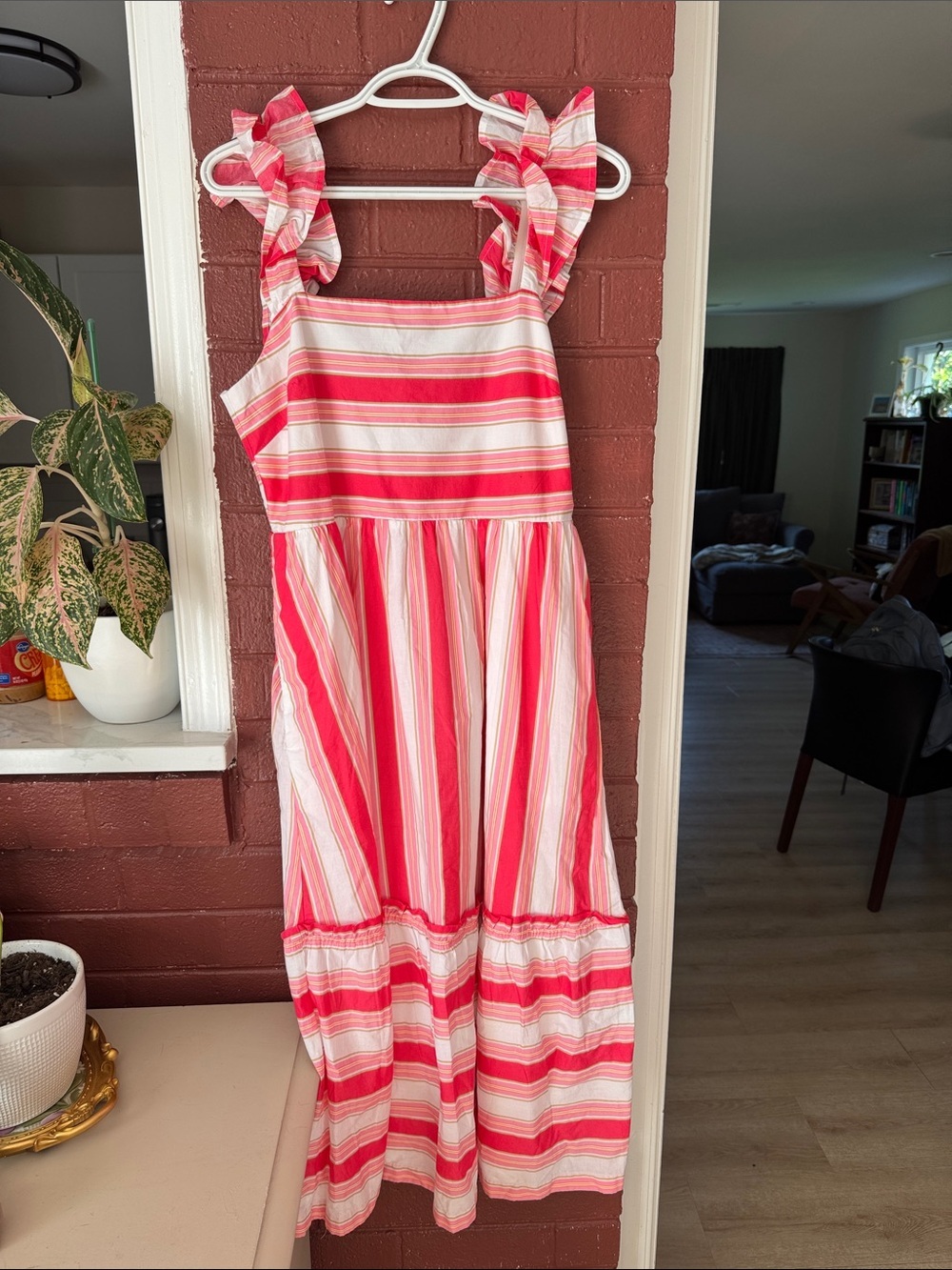 J.Crew 100% Cotton Sleeveless Pink & White Striped Ruffle Midi Dress Size 12